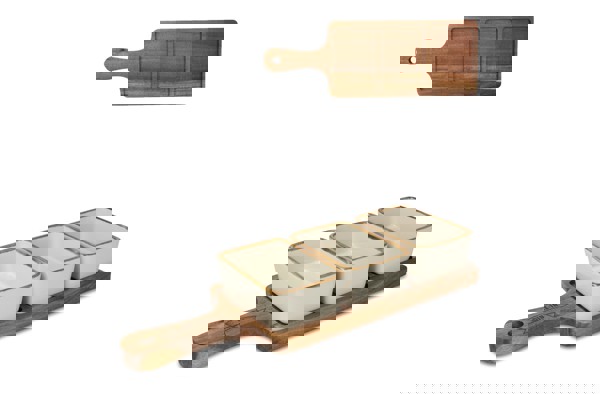 InSideOut Wooden serving board with 3 ceramic bowls - Ecru