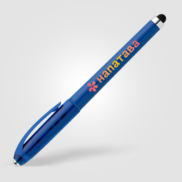 Stylo Prism en plastique recyclé avec stylet, boule anti-stress et encre gel - Bleu roi / Sérigraphie