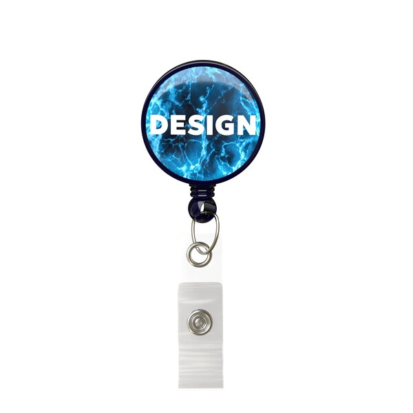 Intrekbare badge reel in ronde vorm met ⌀2,8cm logo - Full color / Diep marineblauw / Riemclip