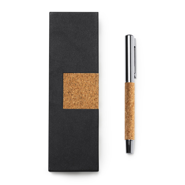 Personalised roller pen set in cork and metal with padded case