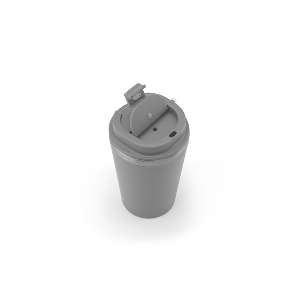SPITZ. Cestovní hrnek z nerezové oceli (90 % recyklované) a vnější stěnou z PP, s matným povrchem 440 ml - Šedá