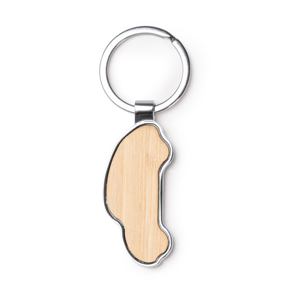 Llavero personalizado de bambú con forma de casa y acabado metálico