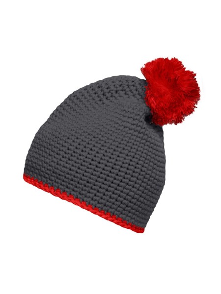 Pompon Hat with Contrast Stripe - Carbon / Red