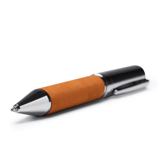 Personalised rotating ballpoint pen in metal and recycled leather with eco box