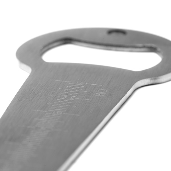 Personalised seed depth gauge in stainless steel with bottle opener