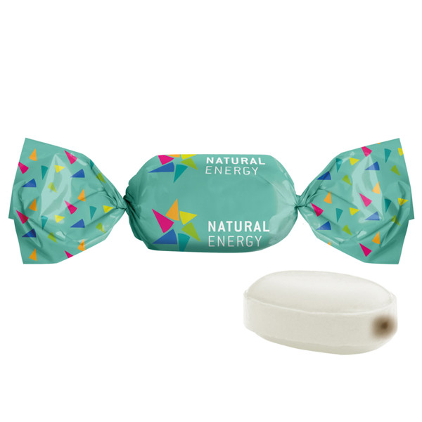 Chocolate-mint sweet, fllled, in compostable white wrapper