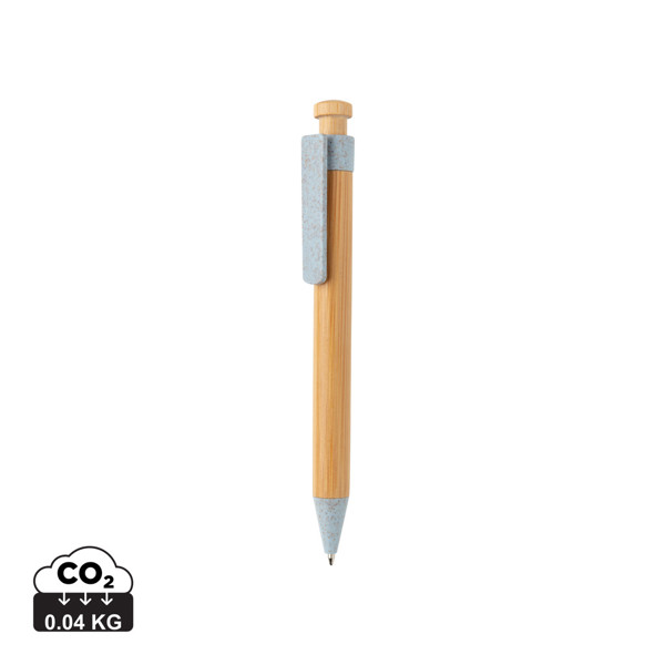 Stylo en bambou avec clip en fibre de paille - Bleu
