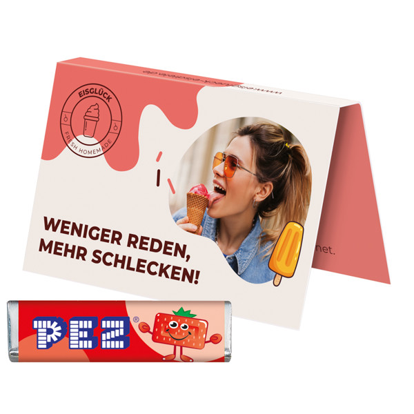 Promotion card, business card format, PEZ candy bar, strawberry