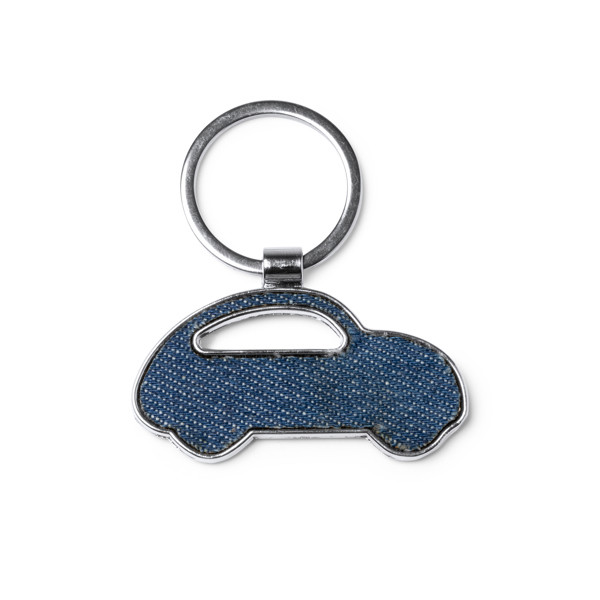 Personalised car-shaped keyring in denim fabric