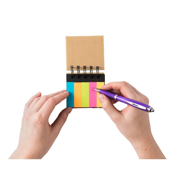 Memo holder, notebook, sticky notes, ball pen, ruler