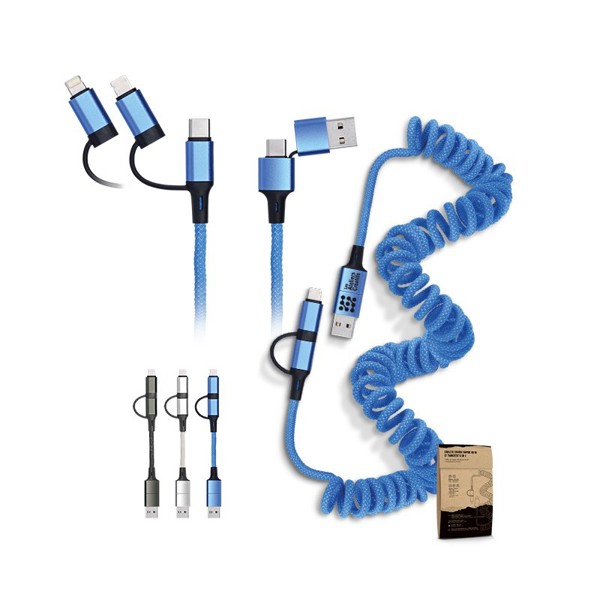 CABLE DE CHARGE RAPIDE ET TRANSFERT RETRACTABLE A RESSORT 6 EN 1 - Gris