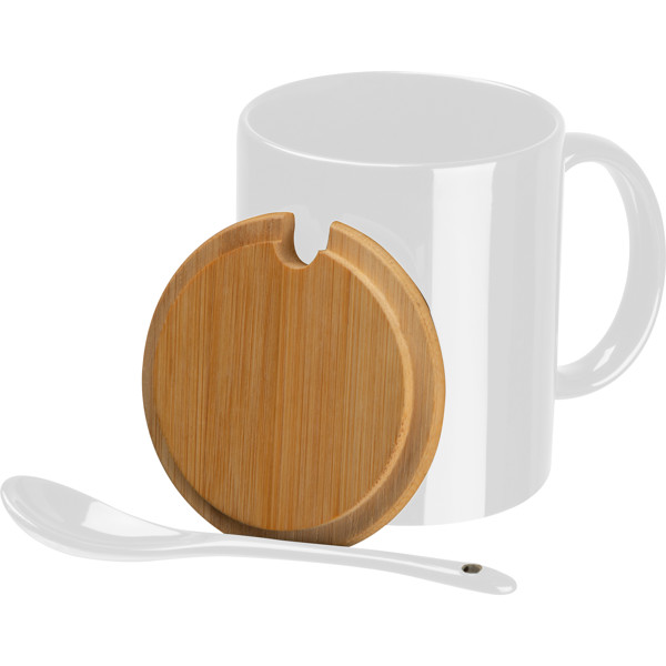 Ceramic mug with spoon and bamboo lid LOTHAR - White