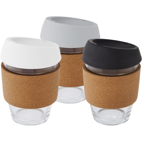 Gobelet Lidan de 360 ml en verre borosilicate avec grip en liège et couvercle en silicone - Blanc