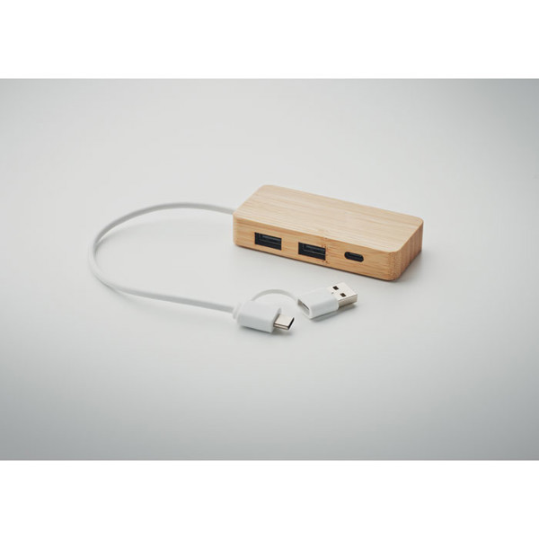 Hubbam bamboo USB hub, 3 vhodi, 20 cm kabel