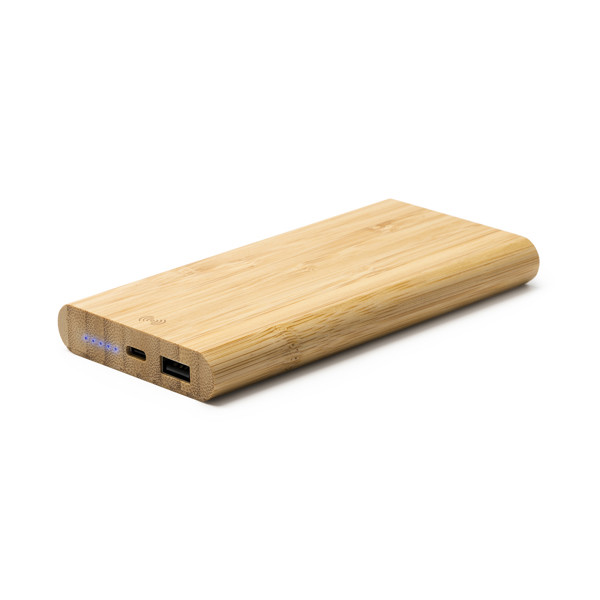 Batería externa personalizada de bambú 6000 mAh con carga inalámbrica