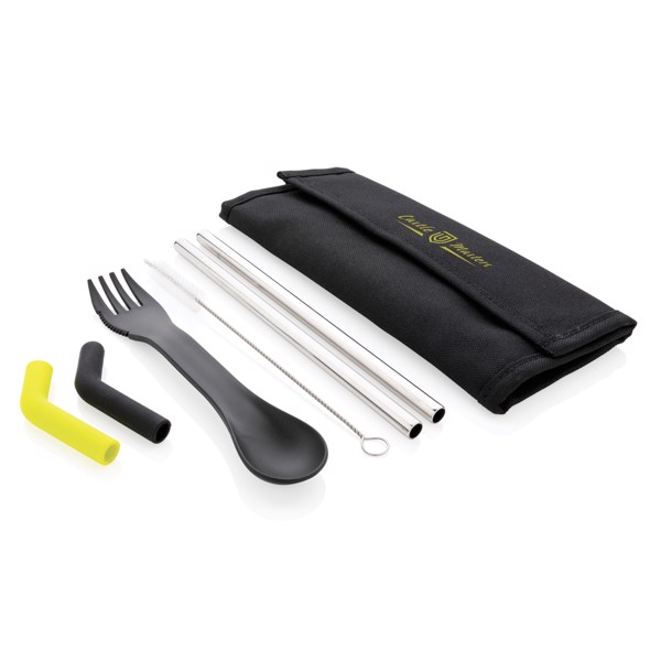 Tierra 2pcs straw and cutlery set in pouch - Black