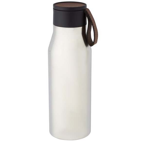 Garrafa de 500 ml de cobre isolada a vácuo em aço inoxidável com correia e tampa de couro PU "Ljungan" - Prateado