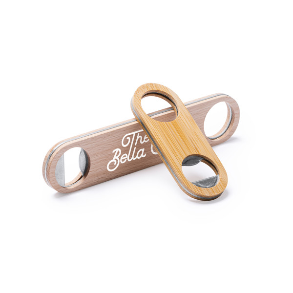 Personalised bottle opener in bamboo with stainless steel interior and hanging hole