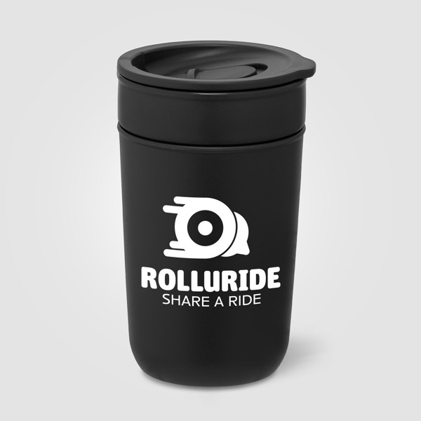 Danube - Gobelet en céramique de 355 ml avec extérieur et couvercle en plastique recyclé - Noir / Sérigraphie