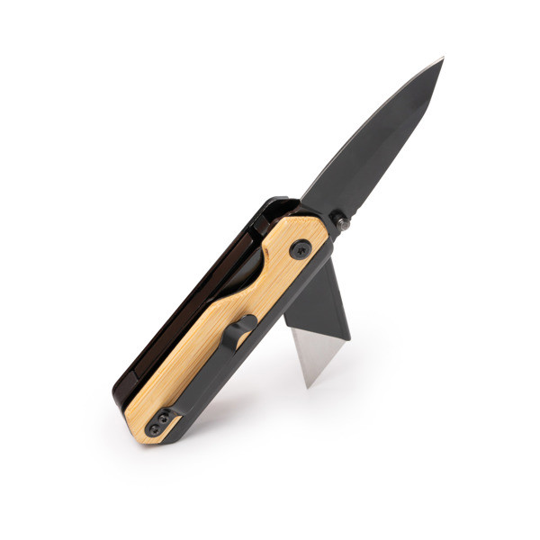 Multiherramienta personalizada de bambú y acero inoxidable con navaja y cutter