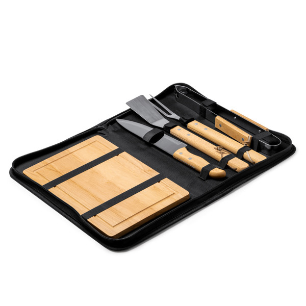 Set de barbacoa personalizado de acero inoxidable y madera con 5 piezas y funda de RPET
