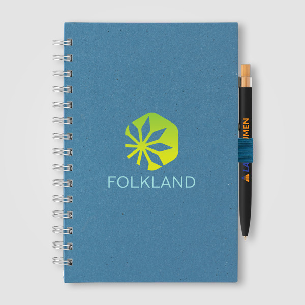 Set carnet Terra A5 à spirales, couverture rigide en carton de lait recyclé & stylo Reborn - Bleu acier / Jet d’encre 4 couleurs