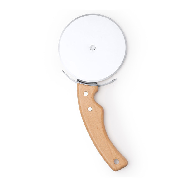 Cortapizzas personalizado de acero inoxidable con mango de madera