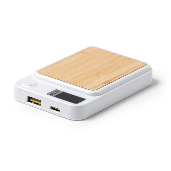 Custom bamboo and recycled ABS power bank 5000 mAh with 15W magnetic wireless charging