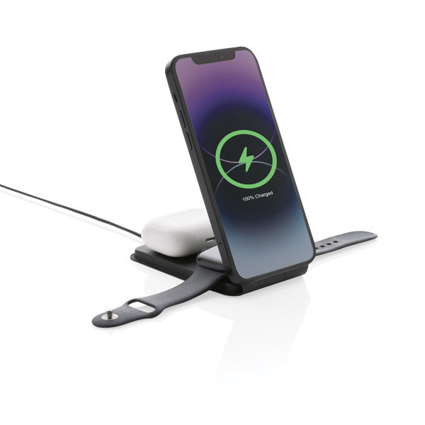 Swiss Peak 3-in-1 wireless charger, 15W, recycled PU