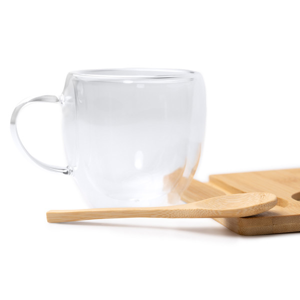 Personalized double-wall borosilicate glass mug set 250 ml with bamboo coaster and spoon