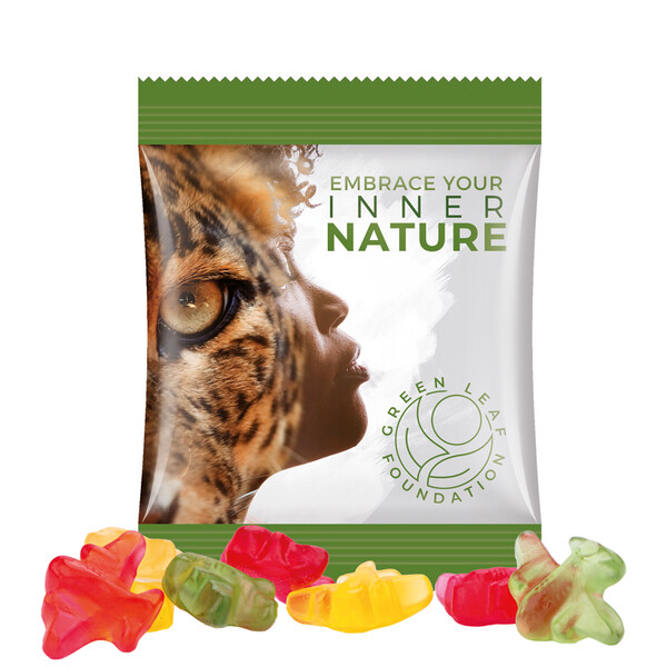 Mini bag 10g, compostable foil transparent, Trolli fruit jelly gums plane