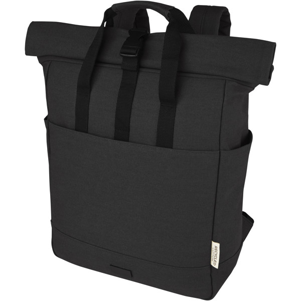 Sac à dos pour ordinateur portable Joey de 15 L en toile recyclée GRS 15 pouces avec dessus enroulable - Noir