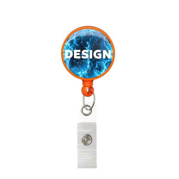 Bobina per badge retrattile di forma rotonda con logo ⌀2,8cm - Colore pieno / Arancia / Clip