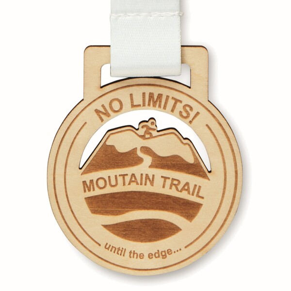 Custom shape wooden medal. Loop stitched. - 25mm width