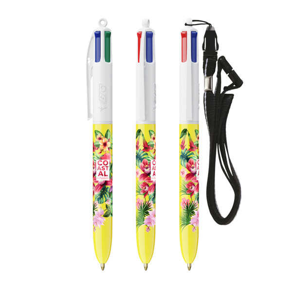 BIC® 4 Colours® ballpen + lanyard - White/yellow