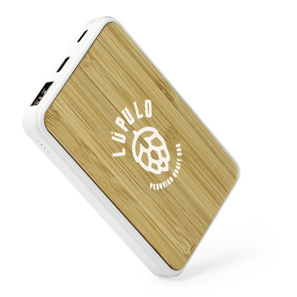 Personalised bamboo and ABS power bank 5000 mAh with dual USB-C port