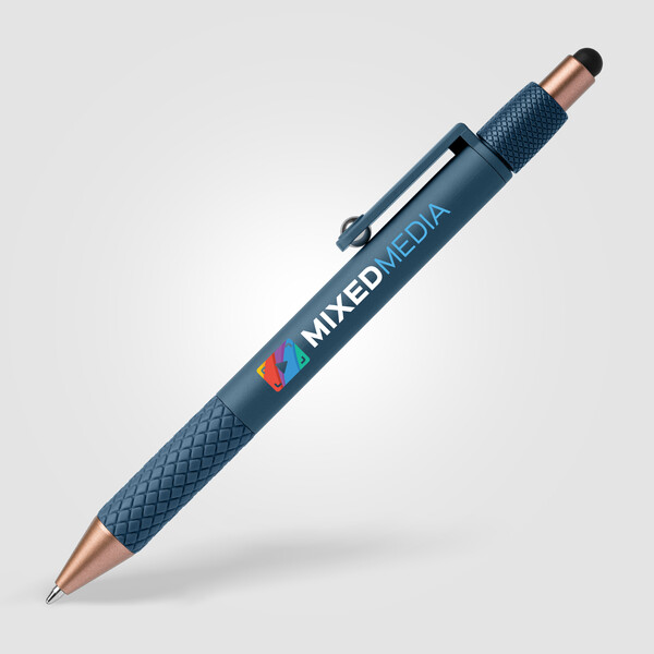 Stylo Antistress Nora en Plastique Recyclé avec Stylet - Bleu marine / Sérigraphie