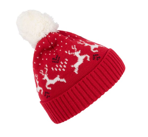 Winter Beanie With Reindeer Design - Cherry Red / Natural