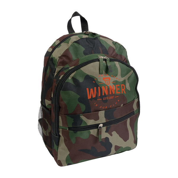600D Polyester 6-Pocket Backpack (Two Mesh Side Pockets). Front Pocket With Velcro