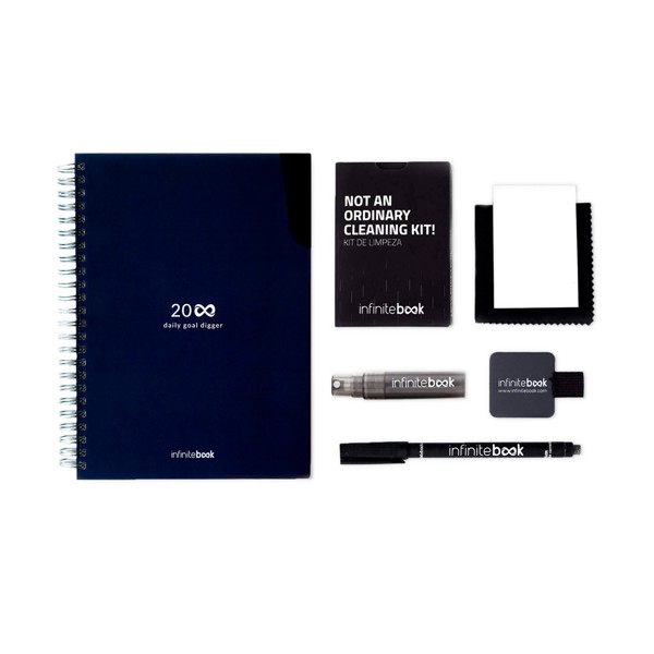STARTER KIT INFINITE PLANNER A5. Sada obsahuje "nekonečný deník", čistící sadu, fix a držák na popisovače - Námořnická Modrá