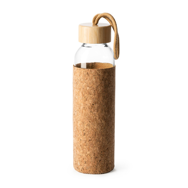 Personalised glass bottle 500 ml with cork sleeve and bamboo lid
