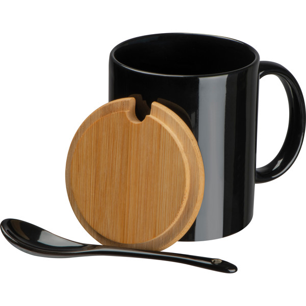 Ceramic mug with spoon and bamboo lid LOTHAR - Black
