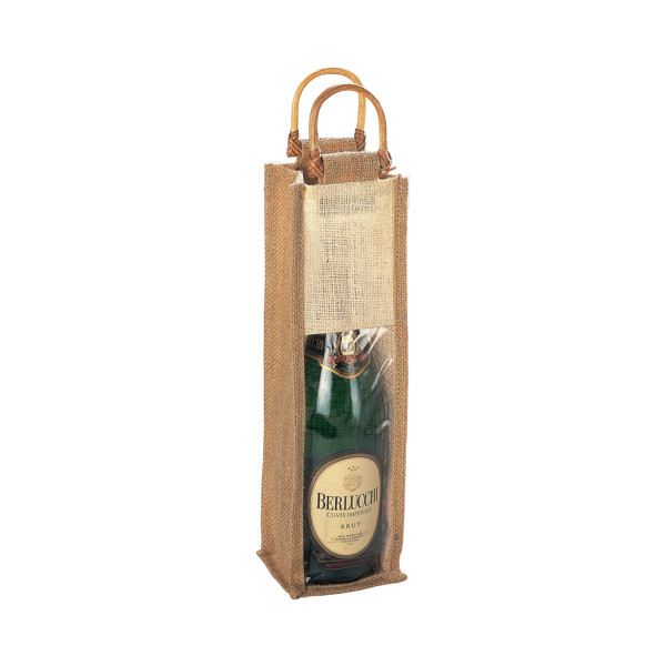 Jute Bottle Bag With Transparent Pvc Window And Bamboo Handles (1 Bottle)