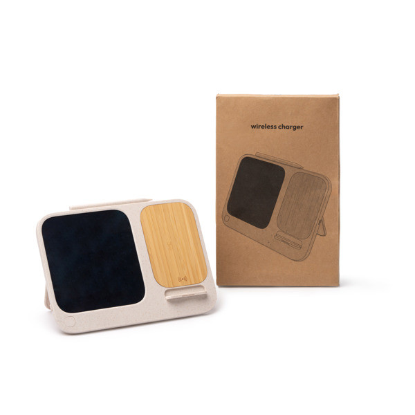 Cargador inalámbrico personalizado de bambú y fibra de trigo 15W con pizarra digital 6 pulgadas