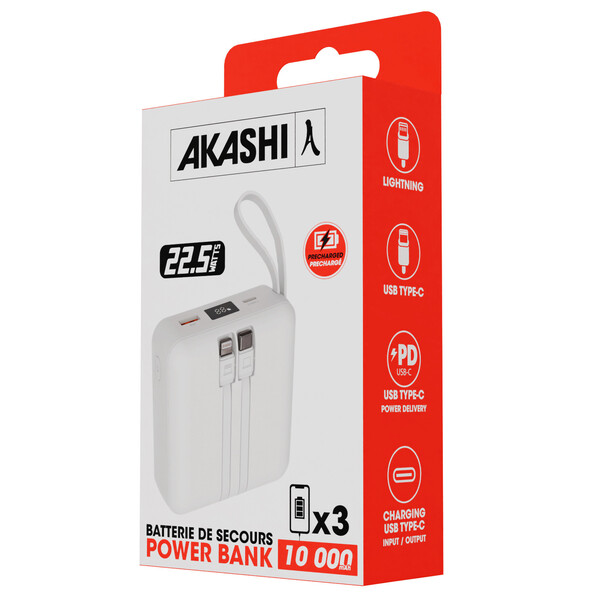 HEIHO - Batterie Powerbank 10,000 mAh avec câbles intégrés à charge rapide 22,5W