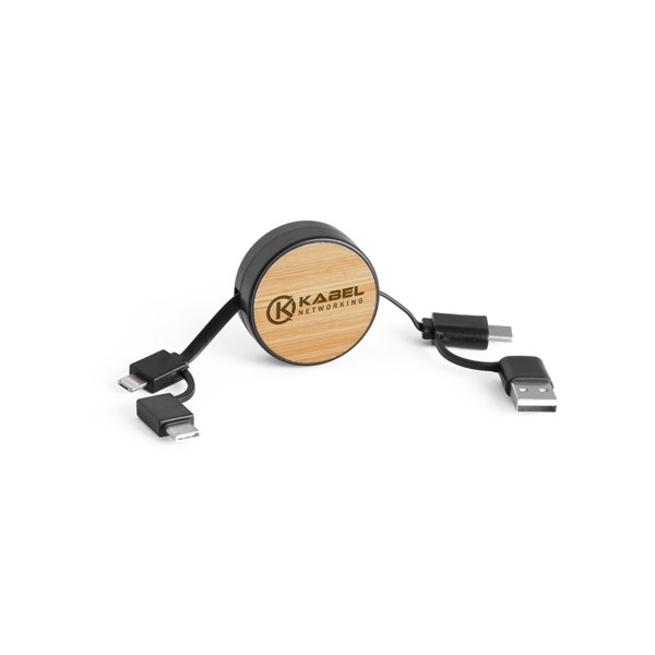 RUBINS. Câble USB rétractable 6 en 1 en ABS recyclé (100 % rABS) et bambou - Noir
