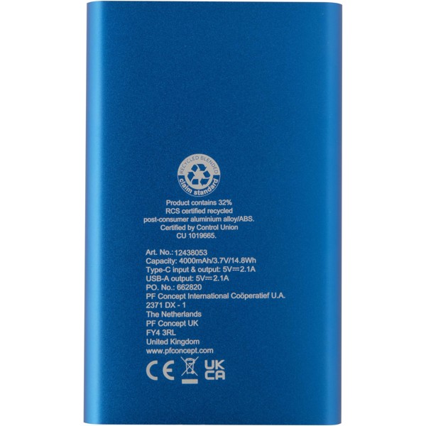 Batterie de secours en aluminium Pep de type-C de 4 000 mAh - Bleu royal