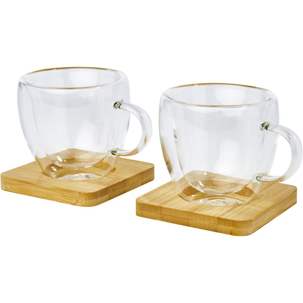 Tasse Manti 2 pièces en verre à double paroi de 100 ml avec sous-verre en bambou