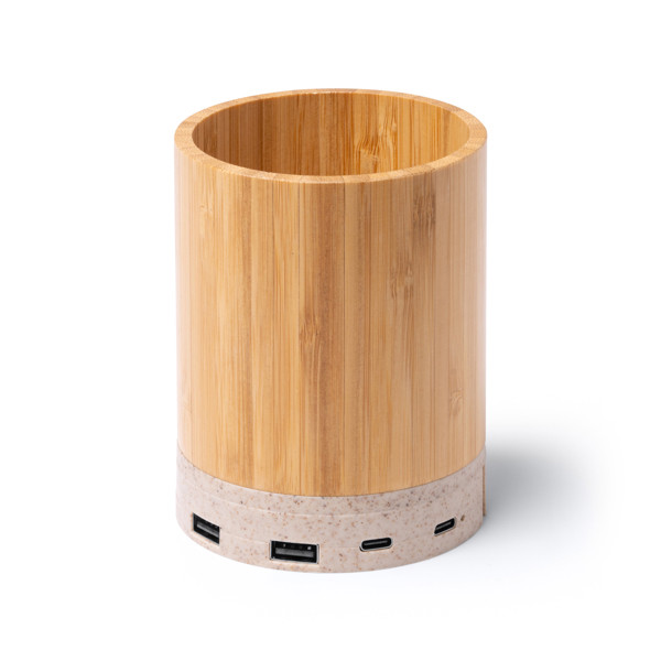 Lapicero organizador personalizado de bambú y fibra de trigo con cargador inalámbrico 15W extraíble