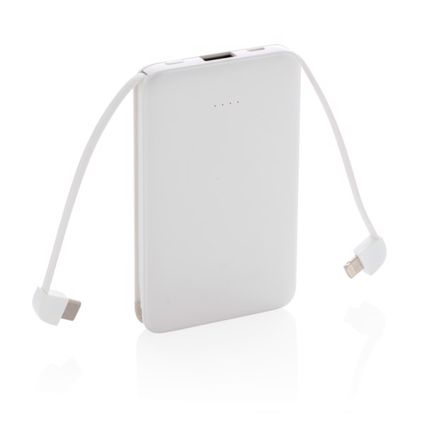 Džepni powerbank 5.000 mAh s integriranim kabelima - Bijela